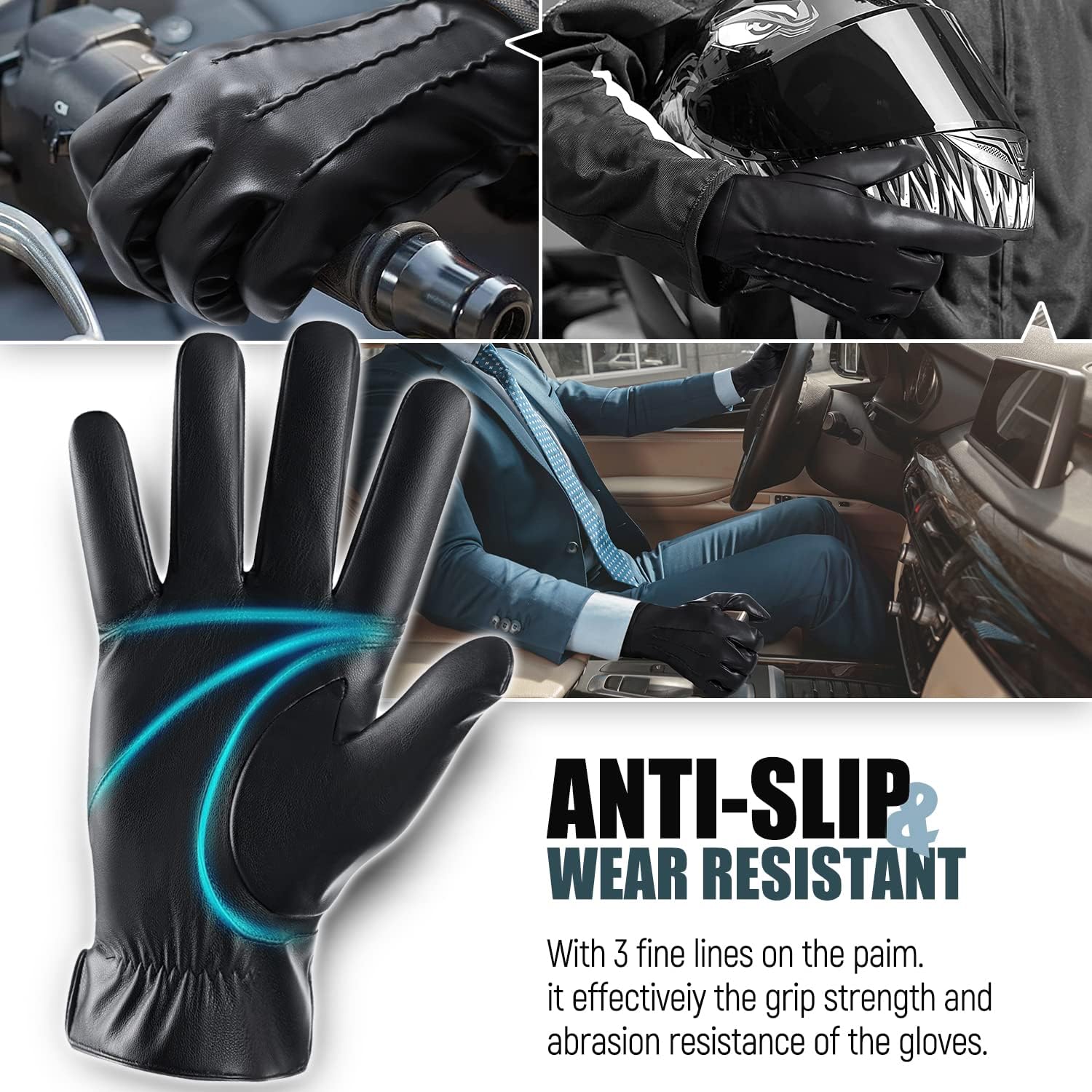 QUKOPSE Winter Leather Gloves for Men,Touchscreen Snow Driving Gloves with Cashmere Lining for Motorcycle Driving Riding… - Image 4